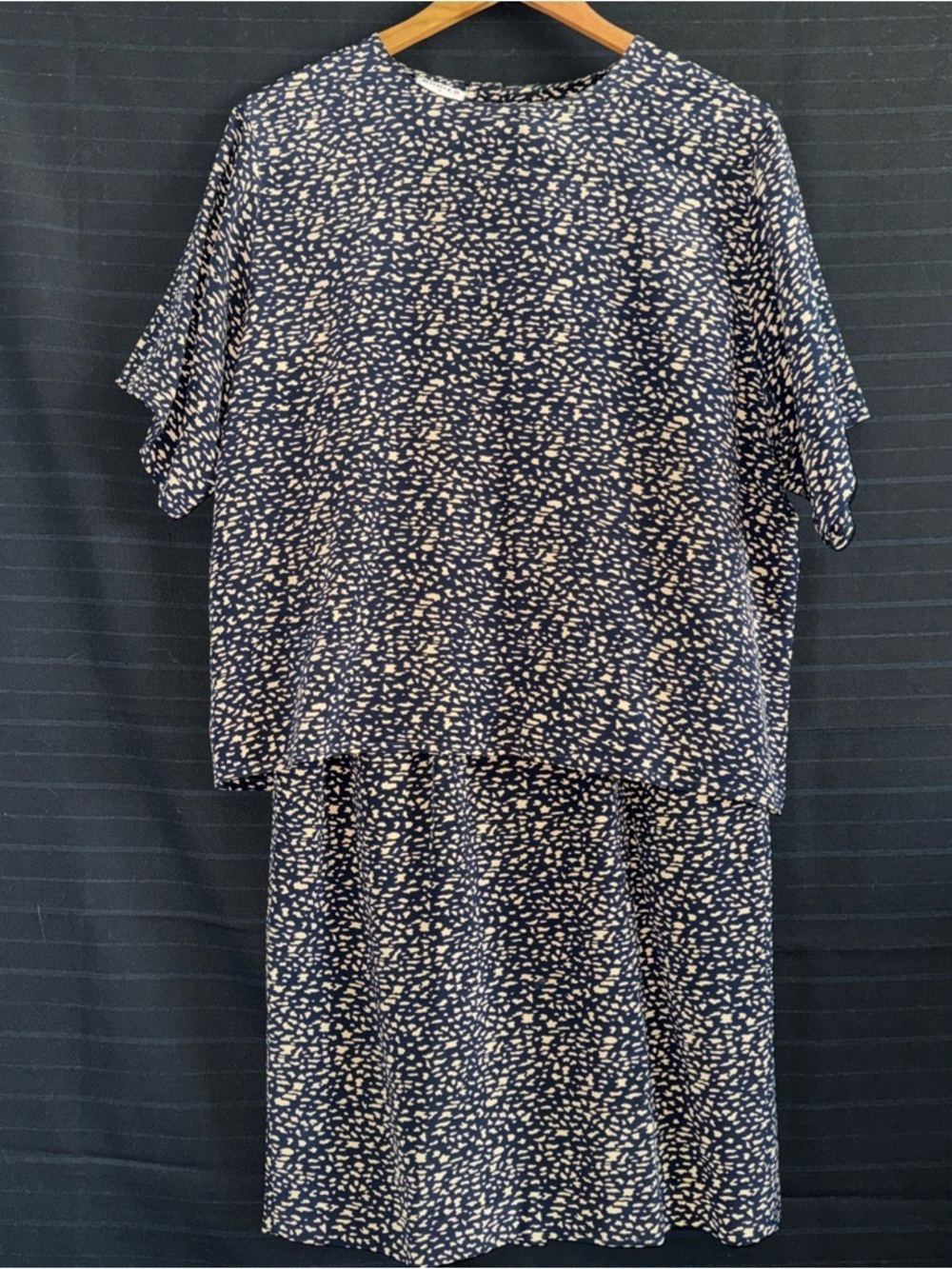 Rodier Vintage Blue Tan 100% Silk 2 pc skirt and top set outfit France Sz 3 M 8